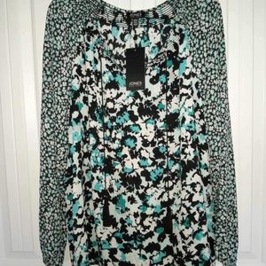 NWT Jones New York Black Blue Abstract Top, Plus 2X, Long Sleeve Vneck Tassle